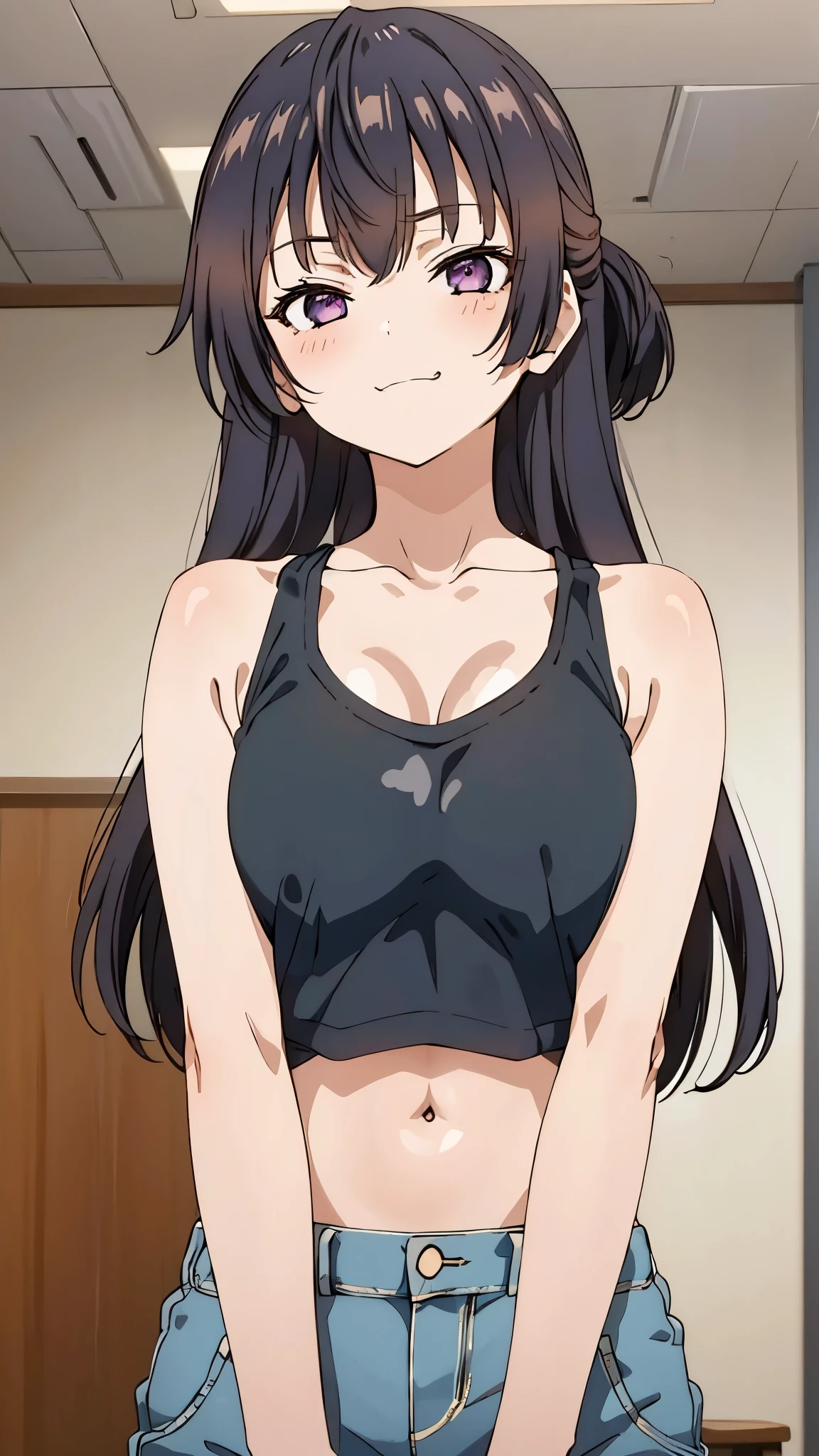 Girl's room Elementary school student, , toddler, flat chest, black hair, long hair, purple eyes smile White sports bra White girls' shorts covering the lower body up to the navel Girls' panties covered up to the navel barefoot ((I can see her panties)) Sitting on the bed Dynamic angle Low angle