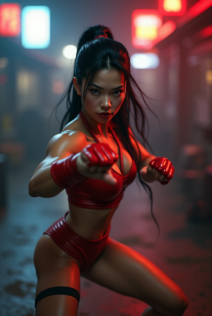 A beautiful young Thai woman with blond hair and bodybuilder physique, large breasts, wearing red leather outfit ,in a dark street, full body including legs, photorealistic, photo, masterpiece, realistic, realism, photorealism, high contrast, photorealistic digital art trending on Artstation 8k HD high definition detailed realistic, detailed, skin texture, hyper detailed, realistic skin texture, armature, best quality, ultra high res, (photorealistic:1.4), high resolution, detailed, raw photo, sharp re, by lee jeffries nikon d850 film stock photograph 4 kodak portra 400 camera f1.6 lens rich colors hyper realistic lifelike texture dramatic lighting unrealengine trending on artstation cinestill 800,