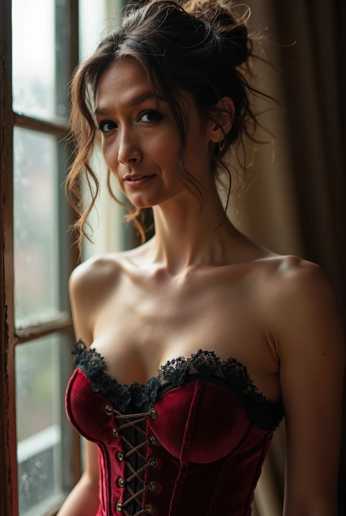 Mary Elizabeth Winstead as a prostitute in the first industrial revolution wearing a red dress