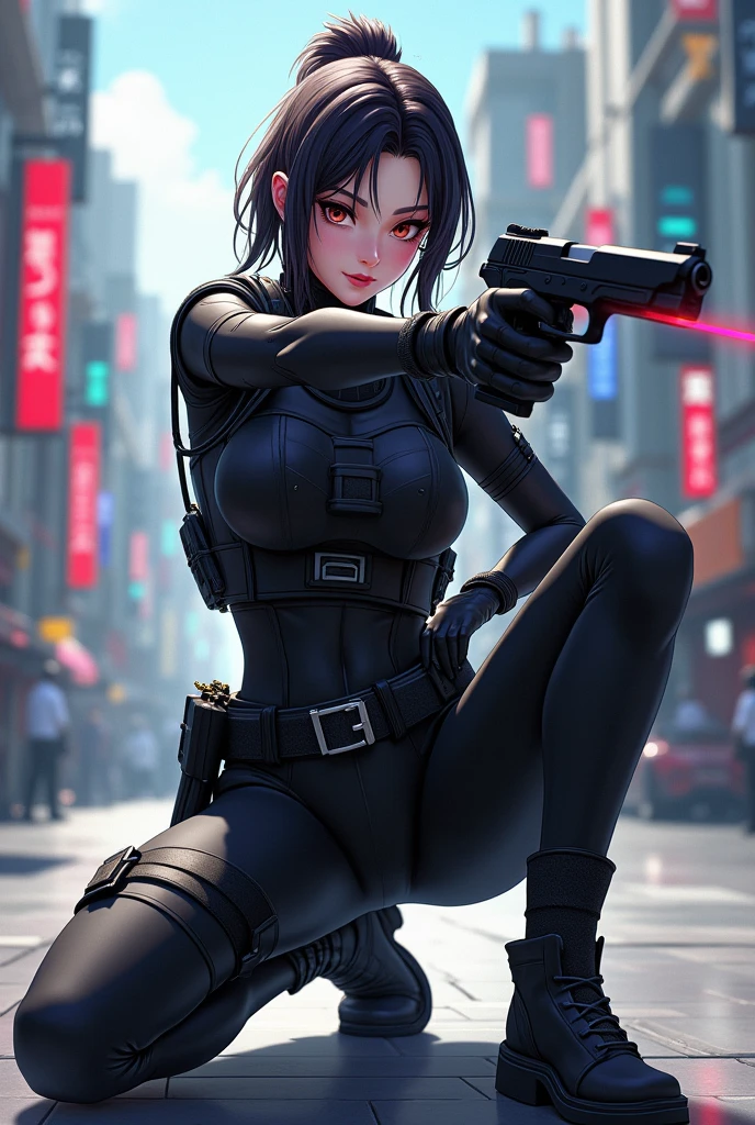 woman,Short Hair Styles、 solo,Full Face Mask, goggles、(Tight bodysuit with dark skin, Knee-high boots), whole body, Cowboy Shot, (How to hold a weapon and how to aim, M4 carbine), Realistic, Shoulder Holster, Shooting Range Background