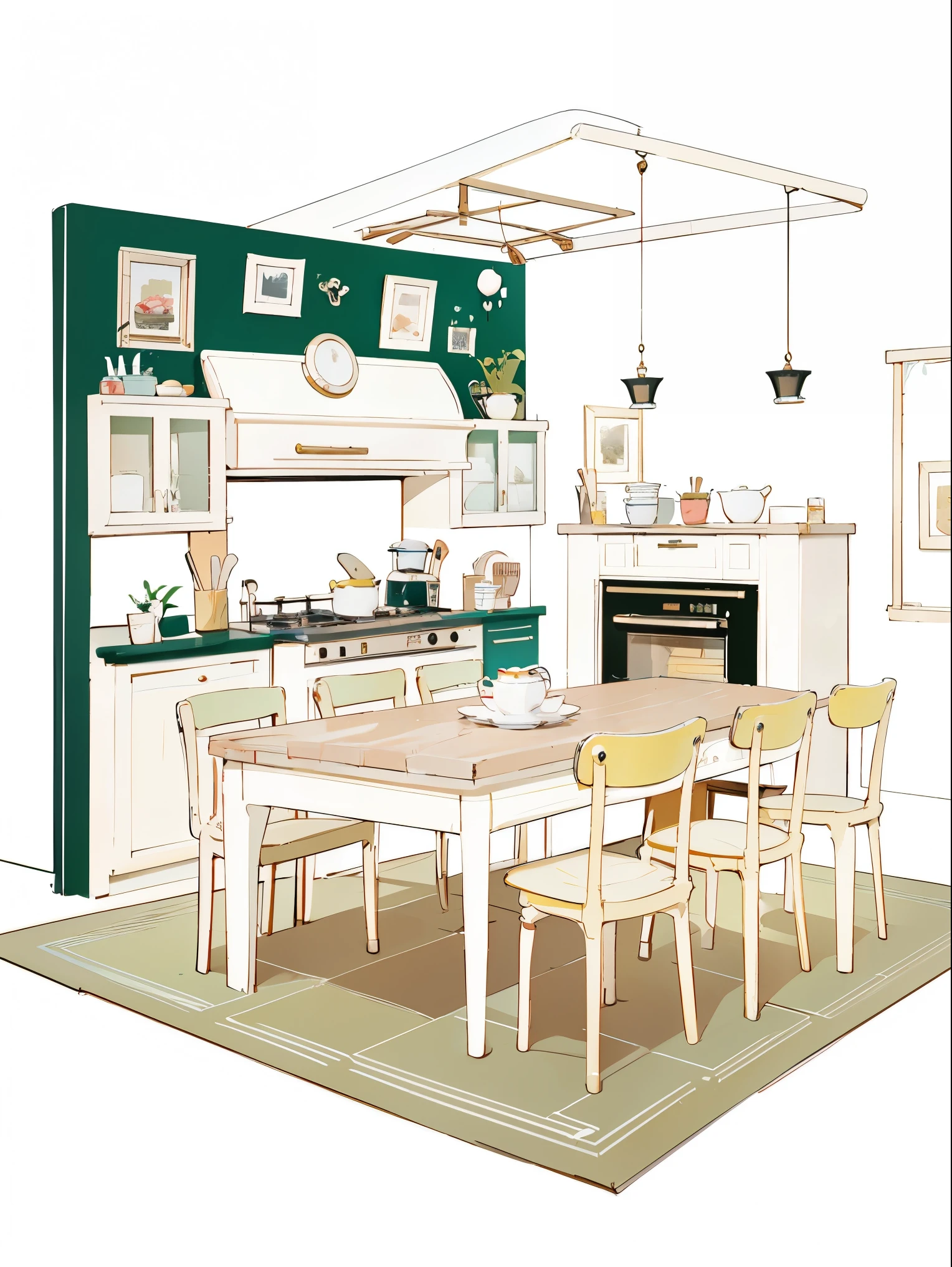 anime background, Ghibli background style, digital art、Yuru Chara style、Lovely story background, kitchen[There is an oven on the table，Napkin table，jam，teapot] Soft softness, [[cream, Giorgio Morandi Colors, thick line graph, Full-color illustration, ，masterpiece，The best