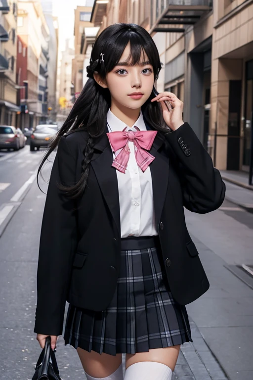 1mature male,Stubble,very short mustache,Fat man,Womens clothes, Tsukino Mito outfit,high school girl costume,long hair,black hair, Tsukino Mito, long hair, black hair, blazer, black jacket, hairclip, hair ornament, white thighhighs, bangs, braid, pleated skirt, pink bow, school uniform, long sleeves, collared shirt, white shirt, blue eyes, plaid skirt, black skirt