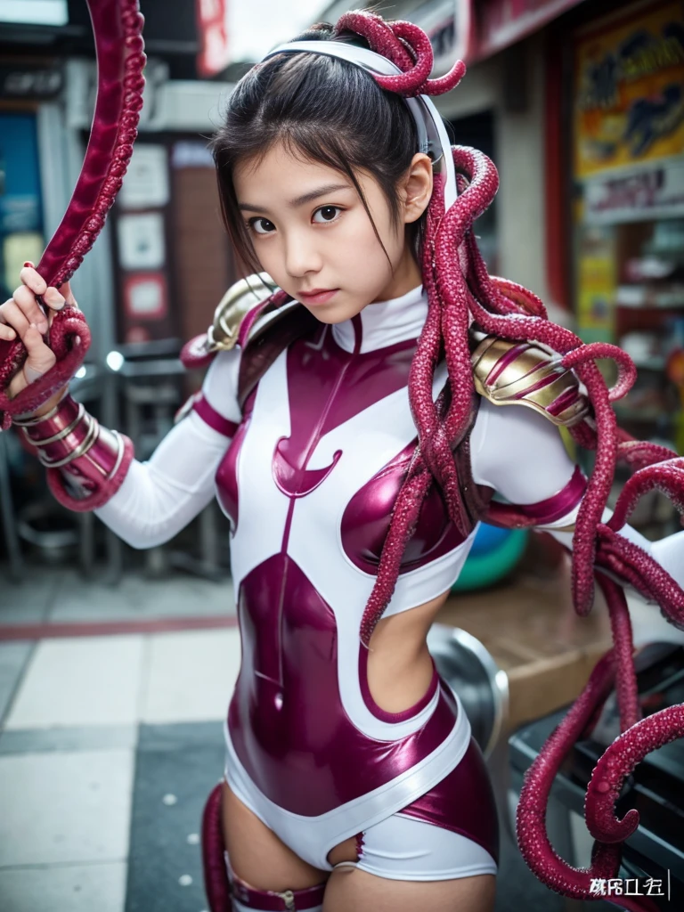 (Best Quality、8k、Masseter muscle area、Photorealistic、Full body Ezbian:1.1、Beautiful Japanese girl in her early teens、Hands)、(In a metallic magenta and white hero costume、Futuristic fit:1.2) 、（Very round body 1.1、Super Big 1.2）、Staring straight ahead、Angry expression、Being sexually attacked by tentacles、Being held captive by tentacles