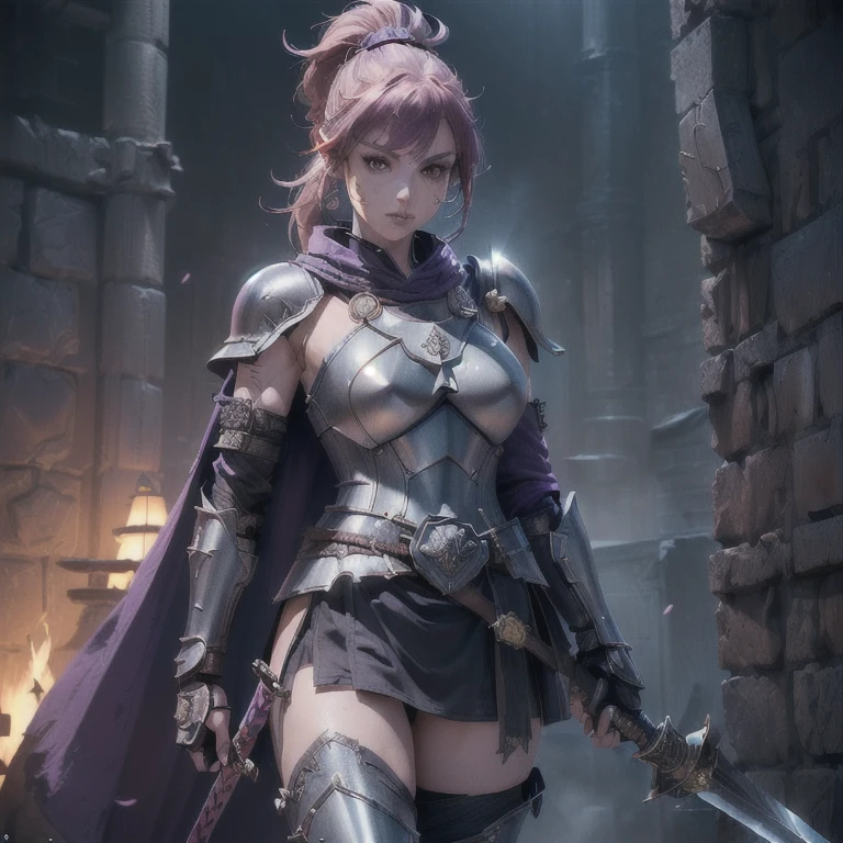 Super Real, ((Best Quality)), Extremely detailed. Full body portrait (((3 female。Veteran Mercenary。Facial scars。Well-used, dirty and scratched plate mail。Purple short cape。Upper Arm Armor、Elbow Armor、Thigh and shin guards、Waist guard with kusazuri armor。Heavy Gauntlets。Captain class long sword。Heater shield with rose pattern。Right foot on helmet。Dagger and mace on belt。Model: Vica Kerekes。Hair up in a ponytail。 A straight nose、Beautiful, precise images down to the finest detail、The face is a little long, Eyes are wide open and eyeliner is worn.。 Thin eyebrows with a &#39;ㇵ&#39; shape。A look of surprise and confidence。system：Wide shoulders 1.8.　Long neck。Tight waist 1.６。Big Breasts 1.4。Slightly wide hips))) (((Evening scenery。A deserted outskirt、Moroccan landscape、)))