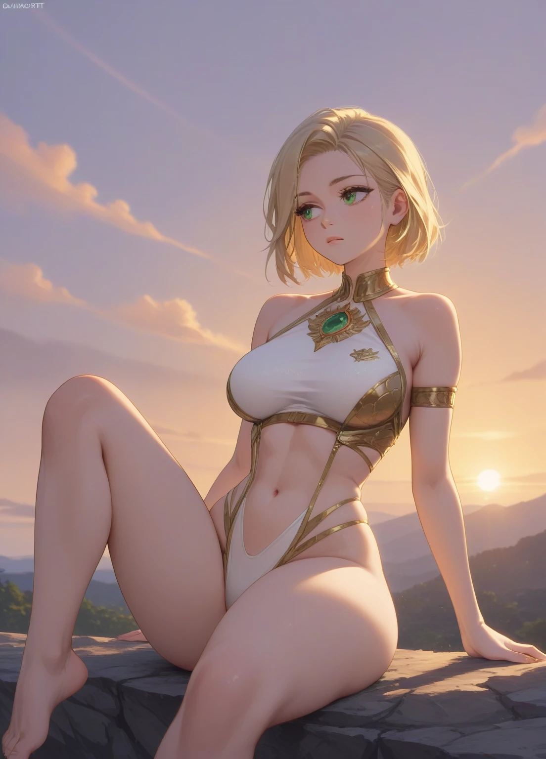 (1girl) (masterpiece) (detailed) adult female green eyes blonde girl, wearing revealing clothes, no logos, white and gold athletic clothes, loving look, tight clothes, thick thighs:1.3, thick butt:1.3, cliff sunset background, sunset:1.3, from front, loving look:1.3, relaxing, looking away:1.3, candid shot, idle, legs spread:1.1, sitting, beautiful dynamic lighting:1.3