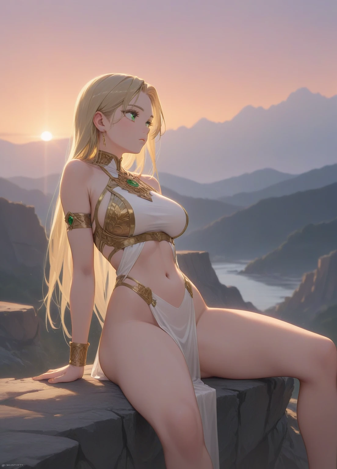 (1girl) (masterpiece) (detailed) adult female green eyes blonde girl, wearing revealing clothes, no logos, white and gold athletic clothes, loving look, tight clothes, thick thighs:1.3, thick butt:1.3, cliff sunset background, sunset:1.3, from front, loving look:1.3, relaxing, looking away:1.3, candid shot, idle, legs spread:1.1, sitting, beautiful dynamic lighting:1.3