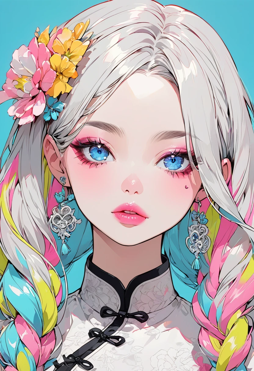 (Best Quality:1.4, City Pop Style, Very detailed, Latest, Vibrant, High contrast, ), Gal,1 girl, Alone, Colorful Students, Blurred vision, Pink lower lip, Pastel colors, Silver asymmetrical long hair, Long bangs on one side, Braids, Color Highlights, Chinese dress, flower, Portraiture, Blue eyes, Cute Face. Lips in Love, Stylish design, Pure Blue Background.