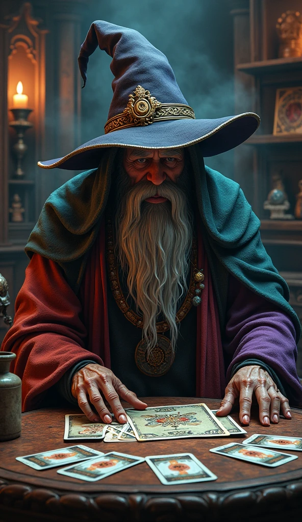 (Masterpiece:1.2), (Best Quality), Detailed, UHD, Cinematic Lighting, sharp focus, (illustration:1.1), intricate, Old Wizard with long white hair and beard, wearing a wizard's robe and hat, pondering a glowing orb, in a dimly lit room, magician's room, glowing lights, flickering lights,