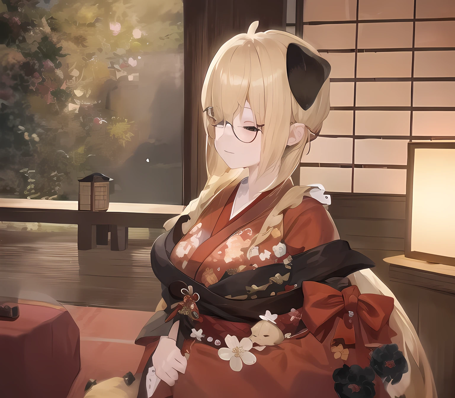 blonde anime girl with round glasses in a red kimono dress sitting inside tatami room, Eyes closed, have cute brown dog ears, in a kimono, ((wearing aristocrat robe)), wearing royal kimono, hanayamata, wearing aristocrat robe, inumimi, inspired by Nishikawa Sukenobu, wearing a haori, in a Ryokan,