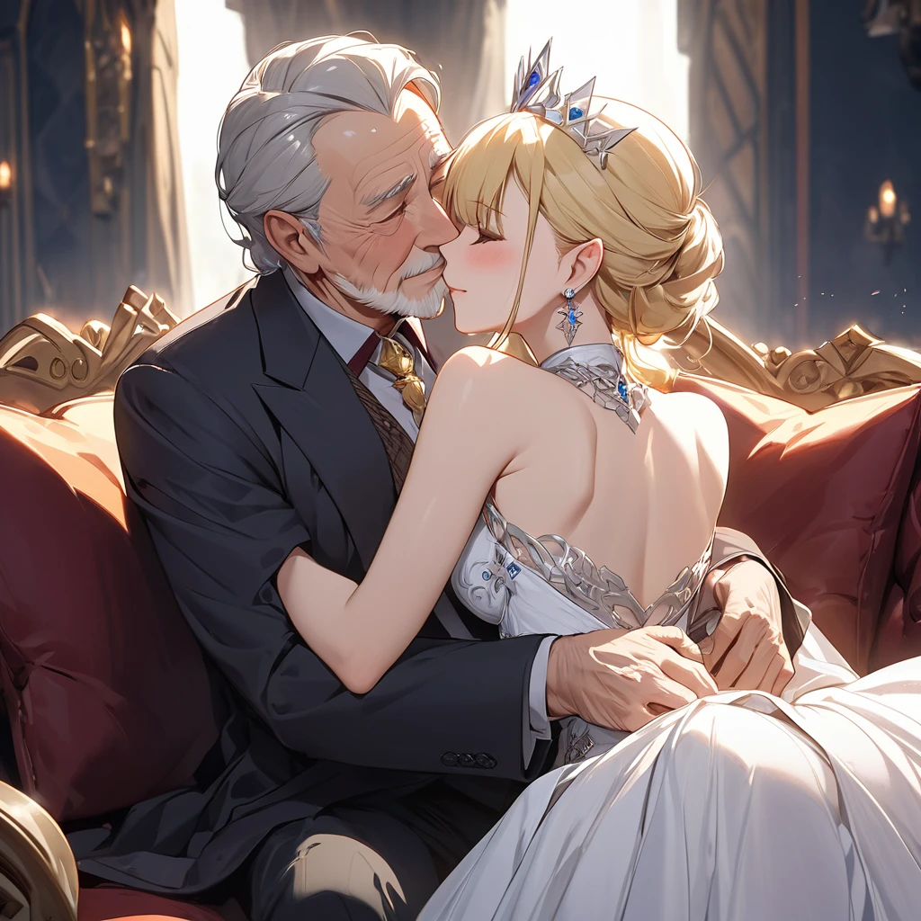 ((Best Quality)), ((masterpiece)), (detailed), （Perfect Face）、The woman is Seras Ashlain, a blonde elf queen wearing a gorgeous royal white dress, adorned with gorgeous jewelry and an engagement ring.、On a large, luxurious sofa, a woman and an elderly man are embracing each other, embracing each other as they make love.、The old man is the king