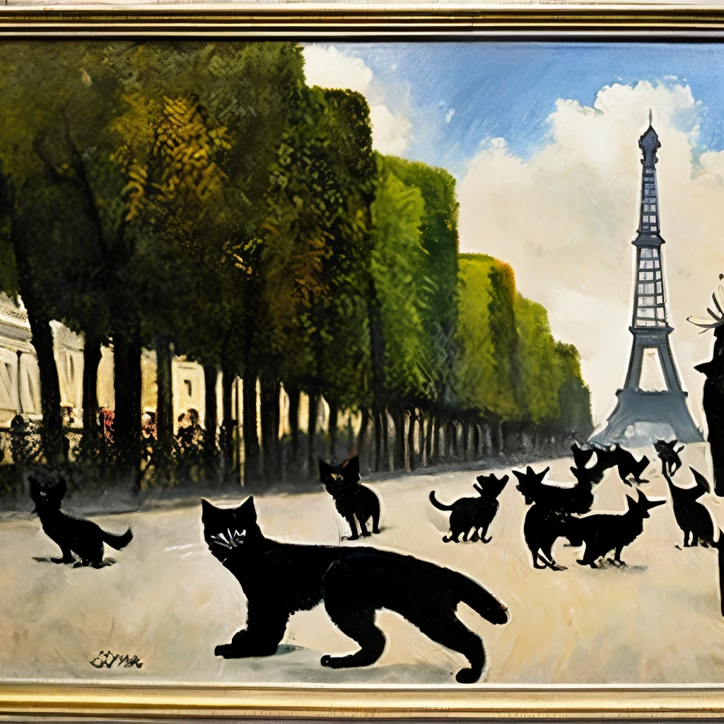 19th century Paris、Crossroads、Lots of black cats、