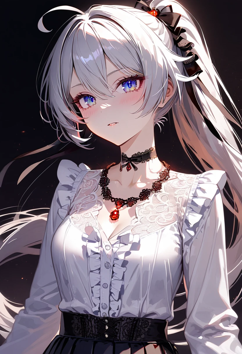 ultra HD, high-resolution, detailed, (highly detailed:1.5), (sharp focus:1.4), (crisp edges:1.3), 1girl, upper body, kiana kaslana \(honkai impact 3rd\), herrscher of finality, white hair, ahoge, ponytail, very long hair, blue eyes, x shaped pupils, (white blouse with ruffles:1.6), (black pleated skirt:1.5), (thin black ribbon choker:1.4), (red gemstone necklace:1.5), (delicate lace details:1.3), (button-up blouse:1.4), (long sleeves with ribbons:1.5), (gothic accessories:1.6), (dark background:1.4)