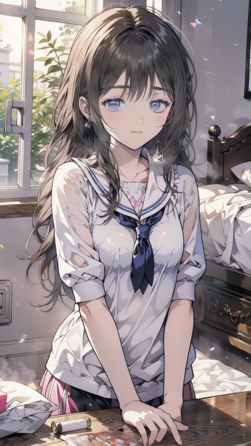 Lying on the floor in a short skirt and white shirt，Brown Hair，Shortcuts，Messy Hair，Slender beauty，A dignified posture，Small chest，Beautiful feet，Her captivating grey-blue eyes shine like stars，Highest quality、masterpiece、one person&#39;s、Underwear only、Cute Lingerie、On all fours、At close range、Proximity、blush、Staring at this、Thinly opened mouth、