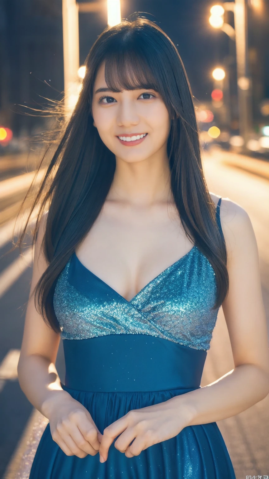 1girl,(wearing a blue glittery evening dress:1.2),(RAW photo, best quality), (realistic, photo-realistic:1.4), masterpiece, an extremely delicate and beautiful, extremely detailed, 2k wallpaper, Amazing, finely detail, extremely detailed CG unity 8k wallpaper, ultra-detailed, highres, soft light, beautiful detailed girl, extremely detailed eyes and face, beautiful detailed nose, beautiful detailed eyes,cinematic lighting,city lights at night,perfect anatomy,slender body,light smile,close up,(long hair with bangs), big breast