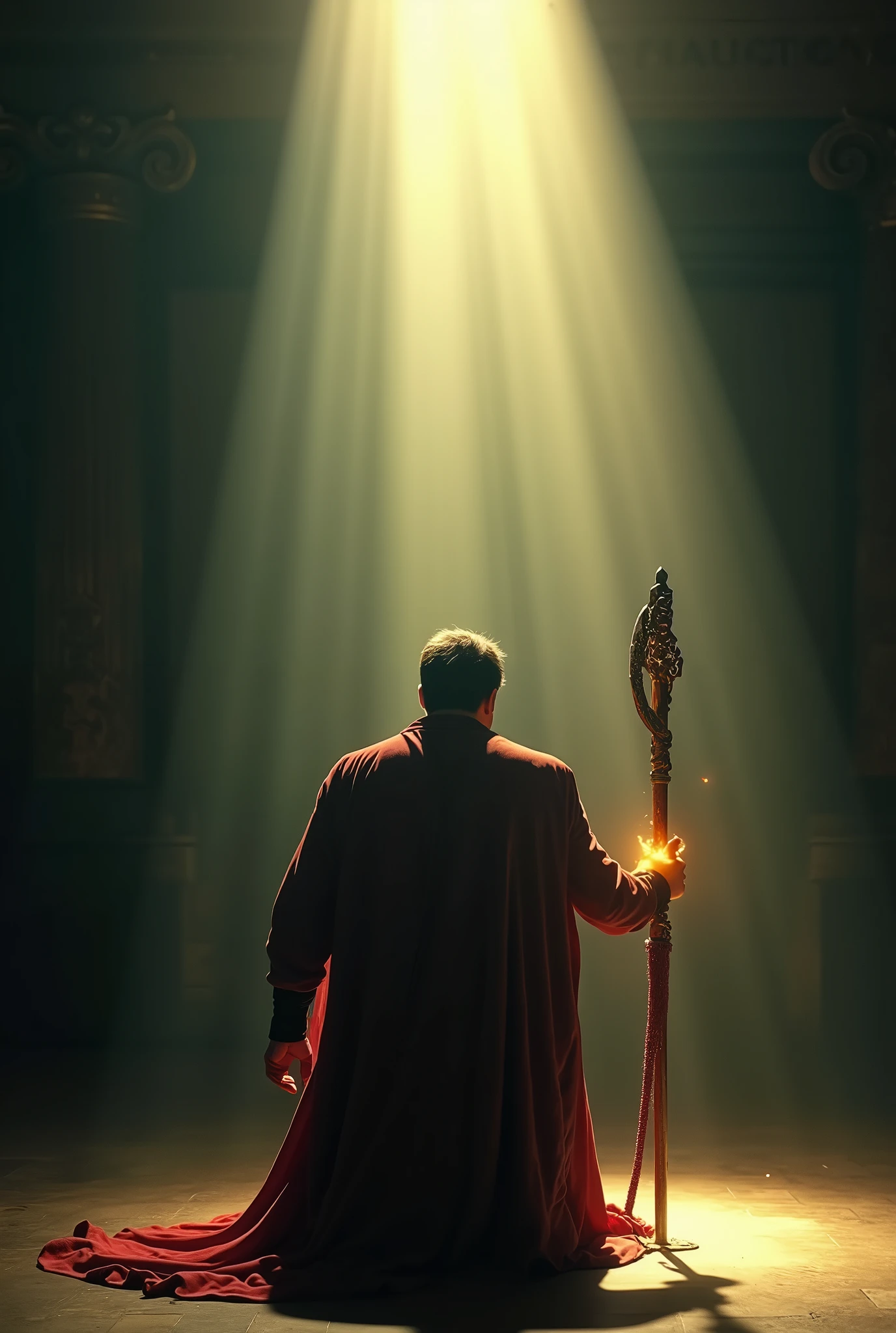 Arafed man in a red robe holding a sword in a dark room - SeaArt AI