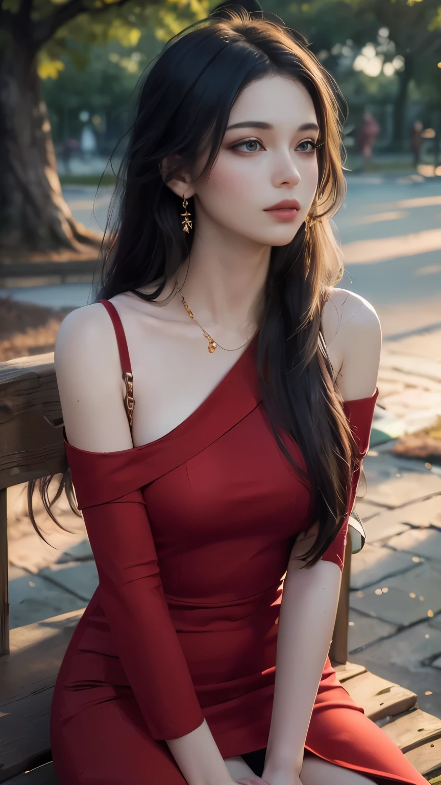 8K, ((masterpiece:1.8)), 1 girl, beautiful face, very long hair, light makeup, detailed eyes, detailed lips, ((medium Curved figure)), (simple dress:1.4), (red dress:1.4), (wearing jewellery), (strap:1.4), (bare shoulder:1.4), in the park, sunset, evening, blowing wind, hair spreading, sitting,