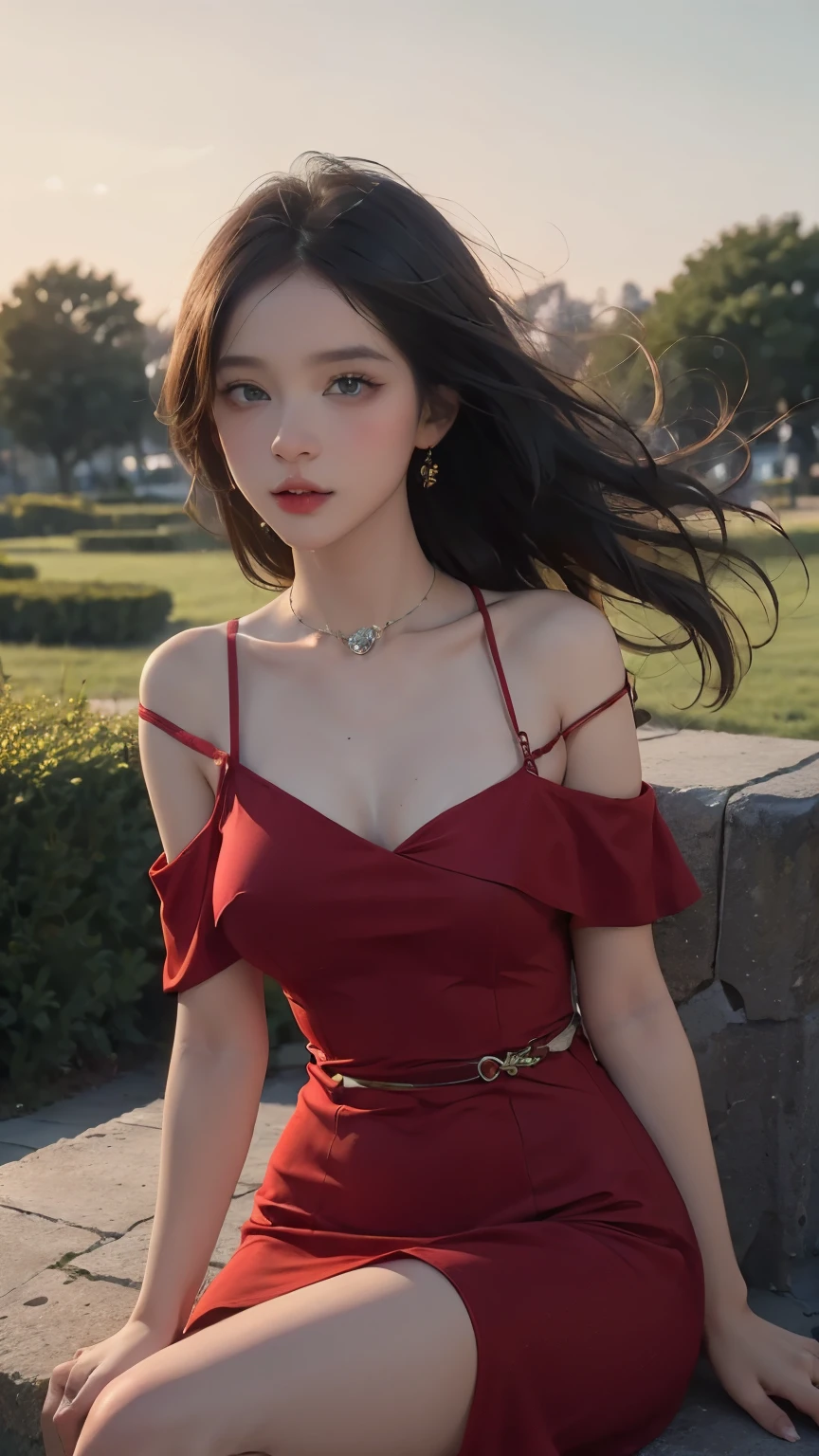 (8K:1.5), ((masterpiece:1.2)), 1 girl, beautiful face, very long hair, light makeup, detailed eyes, detailed lips, ((medium Curved figure)), (simple dress:1.4), (red dress:1.4), (wearing jewellery), (strap:1.4), (bare shoulder:1.4), in the park, sunset, evening, blowing wind, hair spreading, sitting,