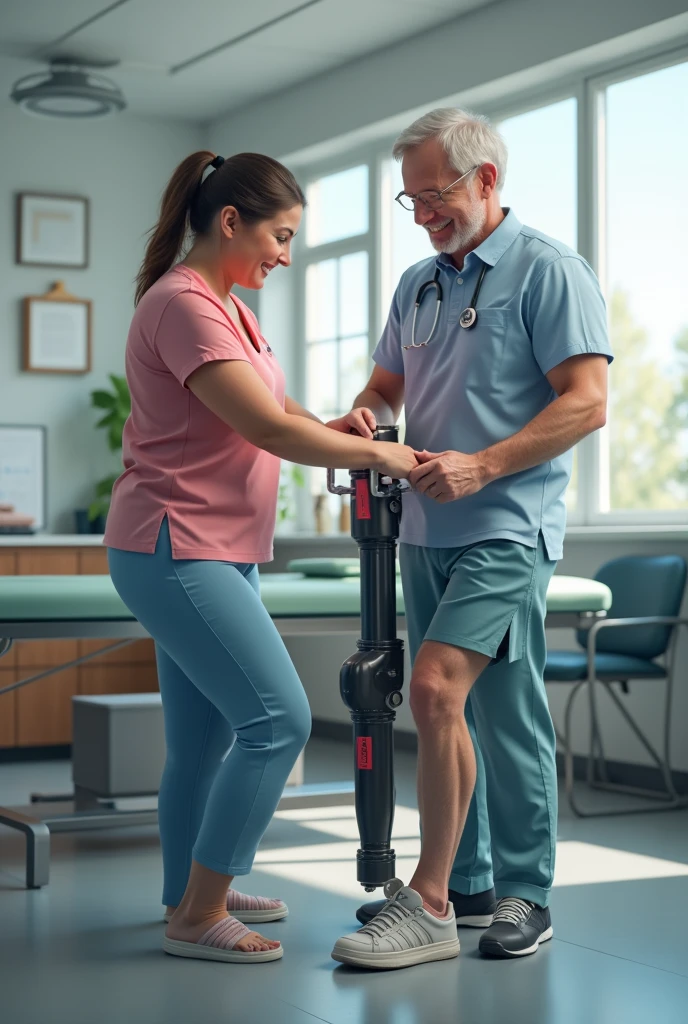 A professional male prosthetist-orthotist is fitting a prosthetic limb to a female amputee in a rehabilitation center