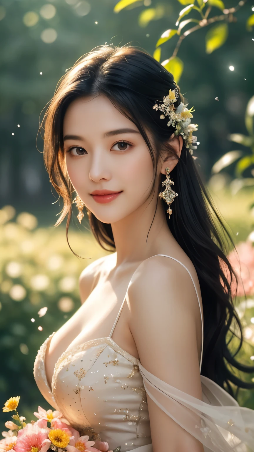 (Highest quality,4K,8k,High resolution,masterpiece:1.2),Very detailed,beautiful girl,Big Breasts,mature,Tall body, Close-up shot,Charm,Shine silk dress, Standing in a meadow full of blooming flowers, Fluttering petals, Posing with a large bouquet,colorful,Magical Forest,Sparkling light particles, Atmospheric,Great lighting,Pure beauty,dream-like,Calm,quiet,mysterious,Charm,mysterious,feminine,Charm presence,Shine Black Hair,A kind smile,Graceful posture,Peaceful aura,Shine,Beauty in nature