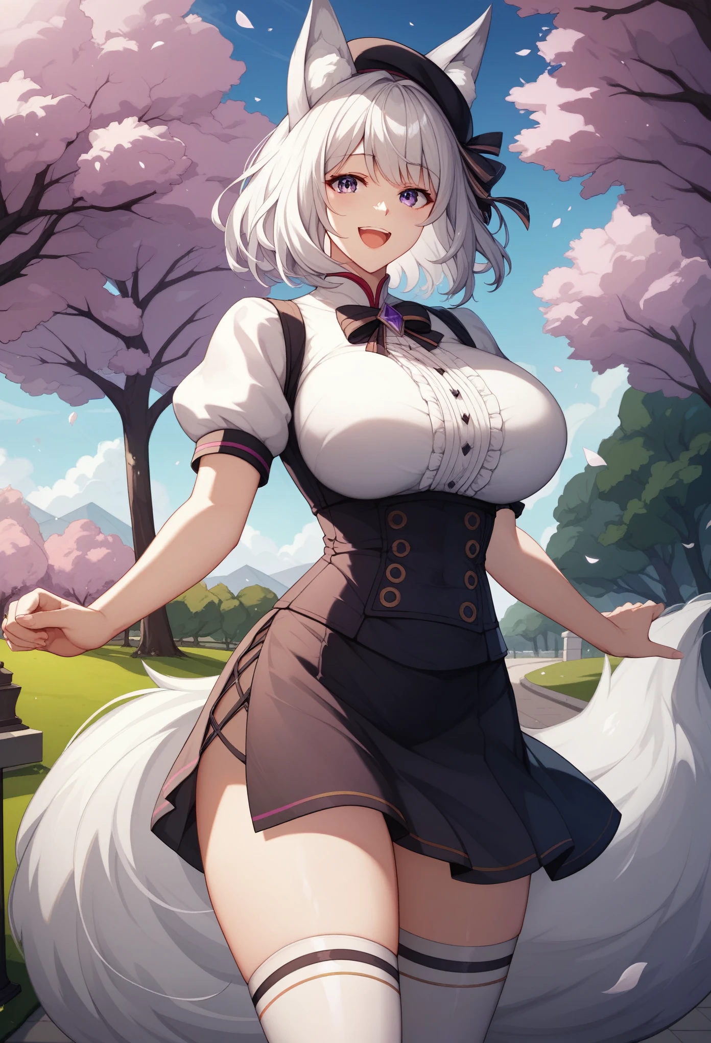 extremely detailed CG unity 8k wallpaper, masterpiece, best quality:1.2, highres, silver white hair, standing fox ears, fluffy fox tail, purple eyes, extreme detail,solo,1girl, slited eyes, horizontal eyes, bob hair, short hair, neutral pose, mature female, milf, black suspender skirt, white shirt, puffy sleeves, white beret, asymetrical thigh-highs, happy face expression,close up photo, park in the background.