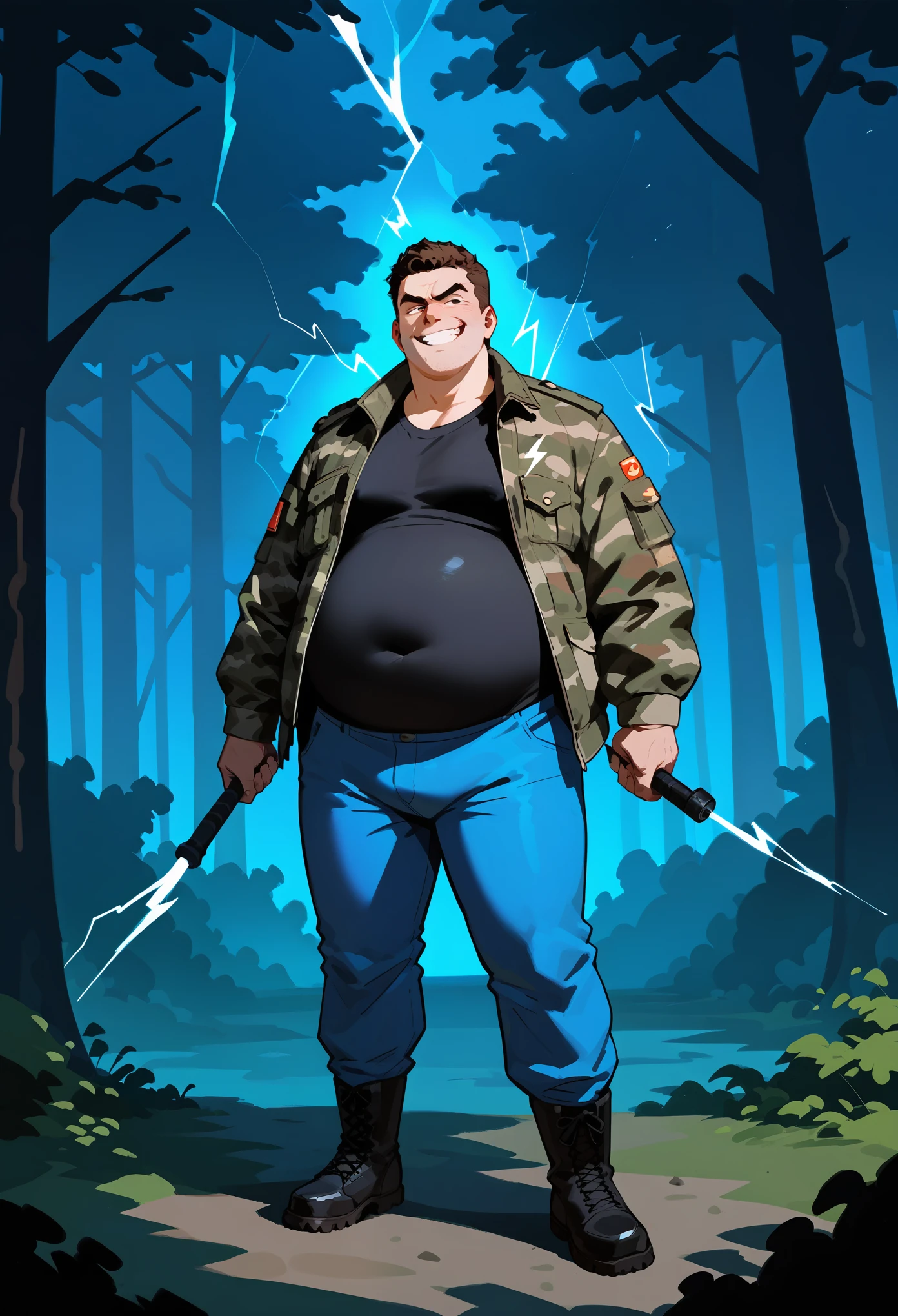 score_9, score_8_up, score_7_up, score_6_up, score_5_up, score_4_up, (masterpiece, best quality:1.2), highly detailed, rating_explicit, illustration,mature men, , smug grin, brown hair, medium hair, belly chubby full body, camo jacket, black shirt, blue pants, leather boots, forest landscape , character design, magic weapons, lightning strikes,
