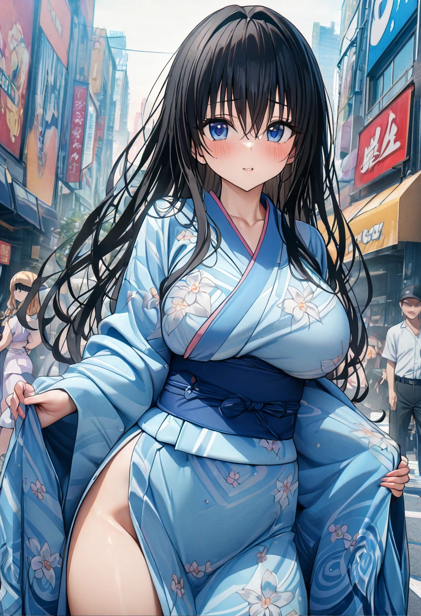 ((masterpiece,Best Quality,8k,Ultra-high resolution)),  1 person　、Adult women in their 20s　,  Momo Juvenile Deviluke,                                     View your viewers　、　blush        、Squint your eyes　、   Black Hair　,   Long Hair　　、Wave Roll　、　Blue eyes   　     　、                           The body is slim,   Big Breasts　　、　Flower pattern kimono　、　city