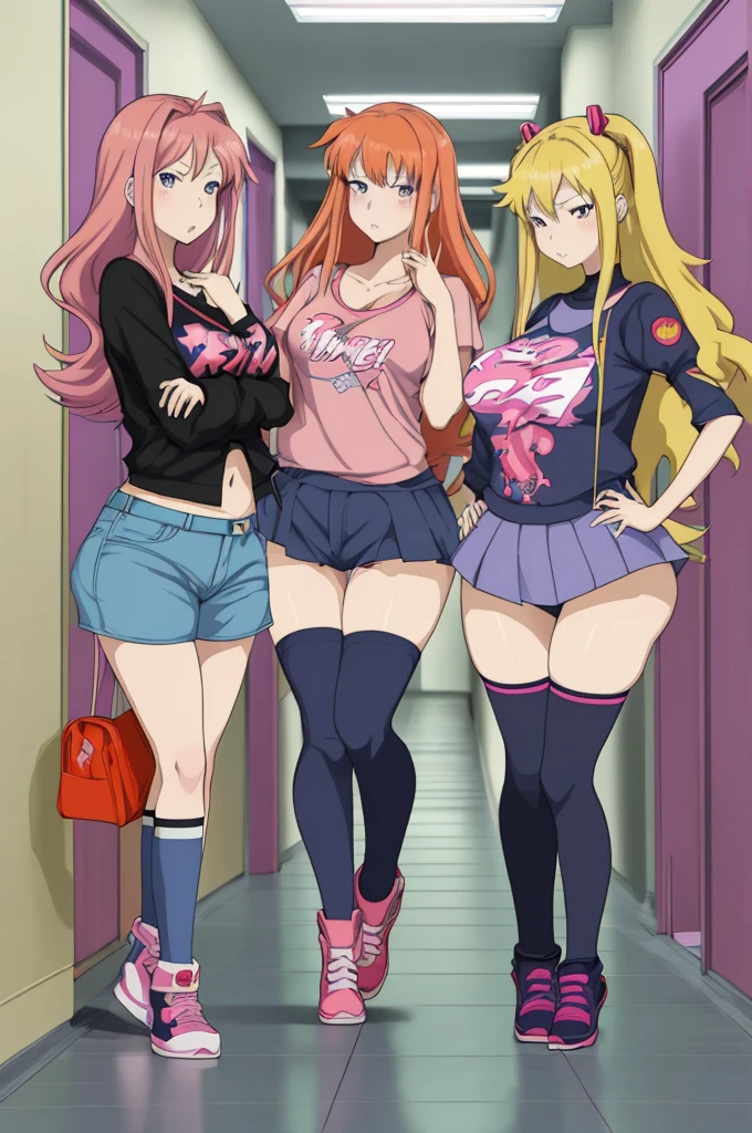 three anime girls in a hallway with a sign that says metallicica, ecchi anime style, ecchi style, anime girls, thicc, in anime style, in the art style of 8 0 s anime, in an anime style, gainax anime style, 8 0 s anime style, anime hi-fructose, cel shaded anime, ddlc