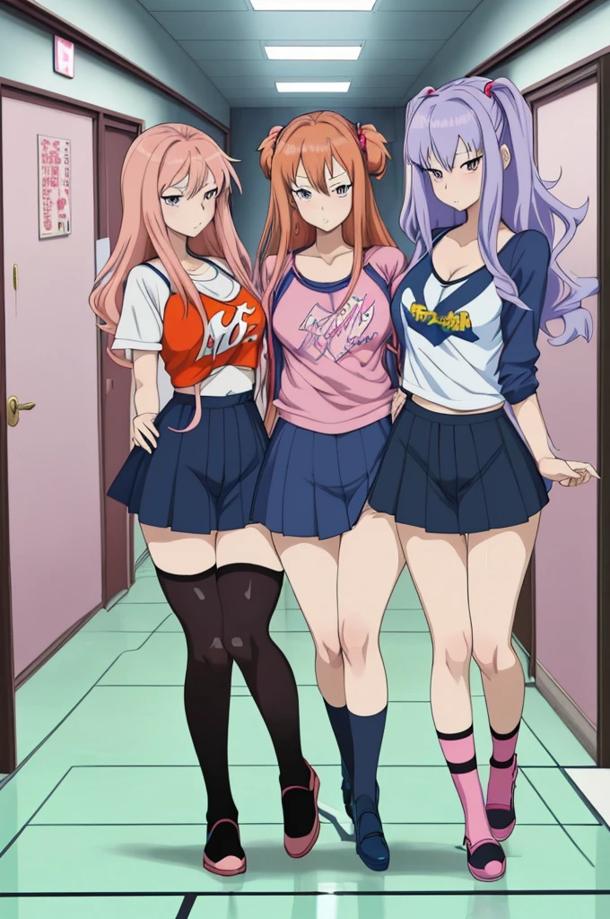 three anime girls in a hallway with a sign that says metallicica, ecchi anime style, ecchi style, anime girls, thicc, in anime style, in the art style of 8 0 s anime, in an anime style, gainax anime style, 8 0 s anime style, anime hi-fructose, cel shaded anime, ddlc