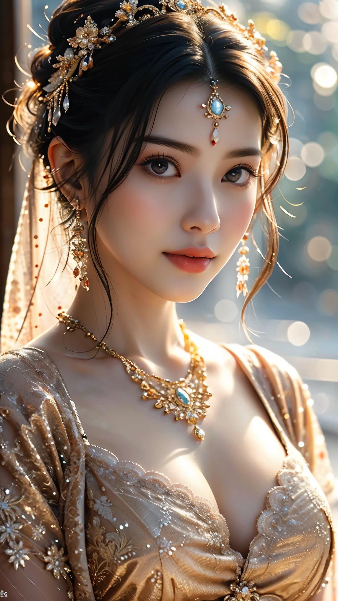 (masterpiece), (((Portrait from head to thighs))), Perfect Anatomy, Complex, (Very detailed), masterpiece, Realistic, Perfect Anatomy, Cinema Lighting, shading, Very detailed肌, Beautiful attention to detail, Highest quality, Very detailed, Highly detailed and perfect natural breasts, Very fine、Shiny, glossy hair, Highly detailed and perfectly symmetrical face, Detailed, shiny and sparkling eyes, Detailed and shiny natural hair, Glossy lips with attention to detail, An unparalleled masterpiece of ultra-realistic illustration, A fascinating sight enveloped in the soft light of dusk. In sienna shades on an 8K resolution canvas, Introducing an Indian beauty with a breathtaking presence that goes beyond reality. Her sharp, Very detailed facial features reveal an expression of poise and inner peace, With lustrous eyes that shine with ancient wisdom and the brilliance of mythical beings.. The iridescent flakes of her skin, Evidence of Her Divine Nature, Sparkling in the 3D lights that dance around her, Emits a fantastic aura and light、Enhances the surreal beauty of the scene。. Her Natural, Large~A medium-sized chest、Framed by exquisite cleavage, A harmonious blend of the human form and the refined grandeur of Art Nouveau. Her dark brown hair, Each and every piece is carefully drawn, Her elegant bun speaks volumes about her sophistication and elegance.. She is wearing a traditional Indian dress and veil.、Reinterpreted with a 1930s Hollywood chic vibe.。, An unforgettable mix of cultures on display. The clothes fit her body perfectly.、Amazingly realistic, The molecular structure of the fabric that touches her perfect skin is revealed. The environment around her is a symphony of vivid colors and Very detailed elements, Create the perfect composition to immortalize the story of a long-ago era in the present day. her surroundings, Immerse yourself in UHD clarity, ((Head to waist portrait))