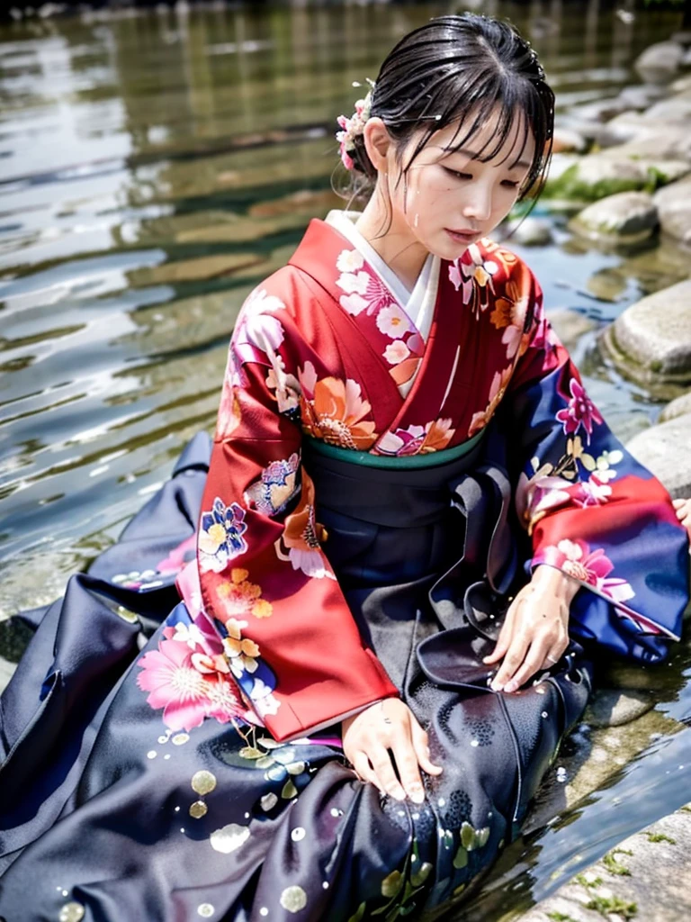 Realistic, long-sleeved kimono, hakama, long hakama, long long-sleeved kimono, floral patterned kimono, wet clothes, soaking wet clothes, water dripping from clothes, wet shiny clothes, clothes with a wet texture, clothes that stick to the body, immersing in a river, taking a shower, lying down in a river