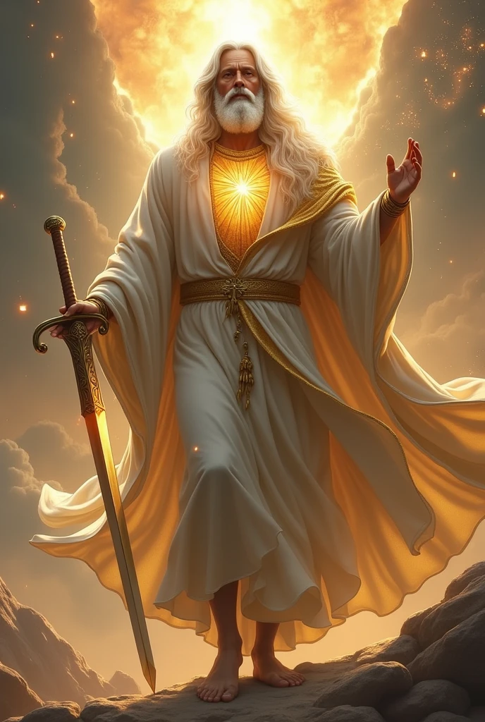 ( best quality Jesus man long white robes,  fiery eyes, white hair like wool, face bright like sun, feet shiny like gleaming brass,  Golden Belt, double-edged sword coming out of the mouth, seven golden candlesticks in the background, glowing body made of light,  GOD)