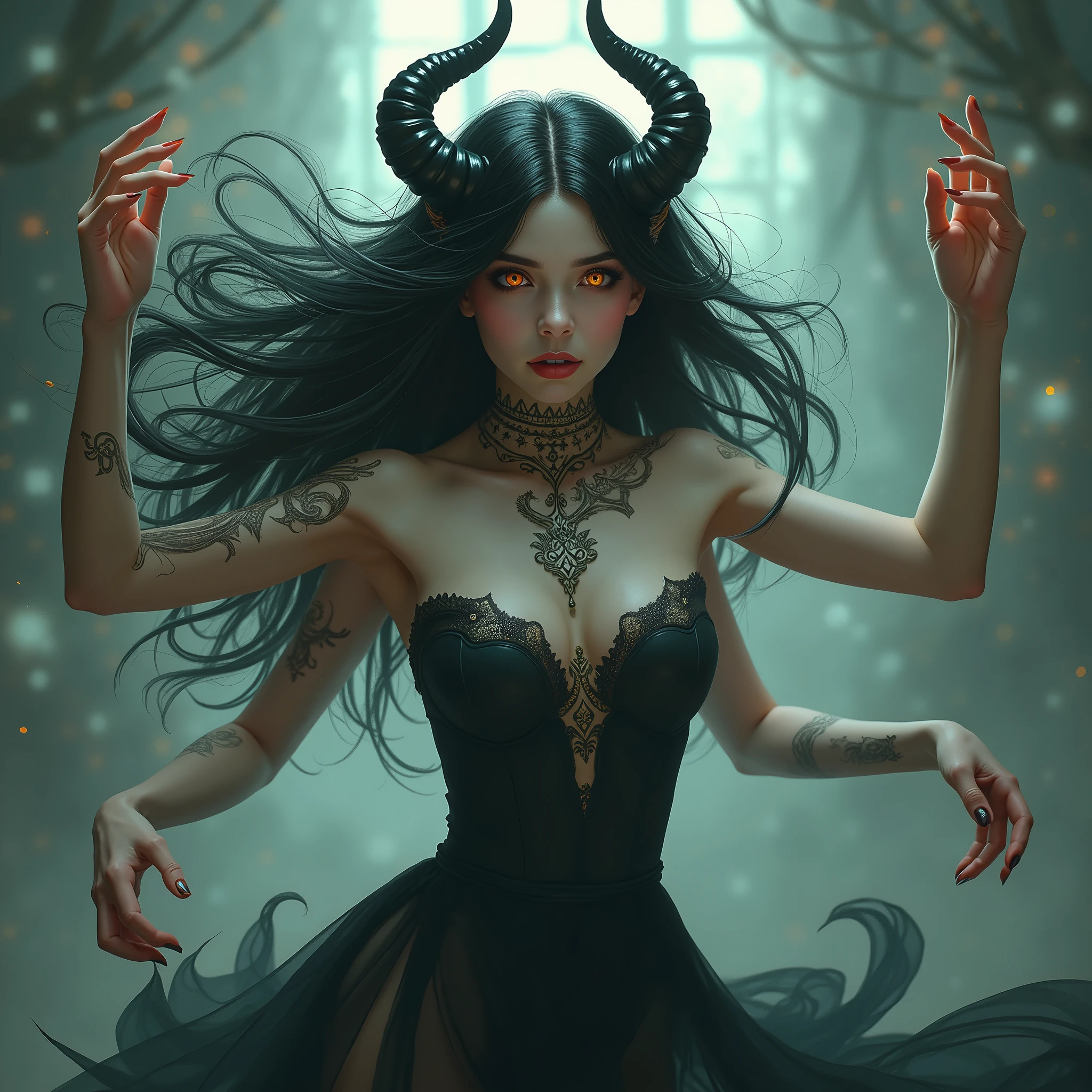 a painting of a holy succubus with horns, spread legs, hand to mouth, gloves, gothic dress, vampire the masquerade bloodlines, incredible art, gloomy background, nimbus, church ragged vestments, darksketch