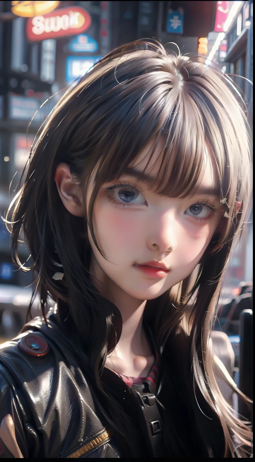 hyperrealistic close up portrait photograph of Lucy cyberpunk edgerunners in a crowded Japanese street, wearing leather jacket and armor, fringe cut and bangs hairstyle, heavy makeups, insane details, detailed designs, glowing colorful circuitry, colorful neon trim, cinematic lighting, rim lighting, f/2.8, art by H.R. Giger, Greg Rutowski, full body shot