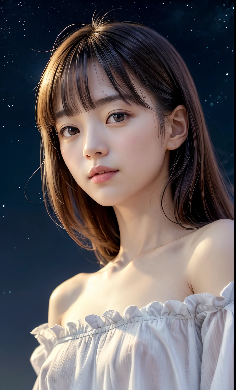 Focus on starry sky of summer. A Japanese woman gazing up at a night sky filled with twinkling stars. She is wearing a seer white off shoulder shirt and her face, slightly blurred by the darkness, shows a subtle smile. The scene is serene and enchanting, with a focus on the starry sky and the gentle glow of the blouse contrasting against the dark background. The image should be realistic with a calm, tranquil atmosphere, and the stars should be clearly visible and bright against the dark night sky. (Raw photo:1.2), (Photorealsitic), Beautiful detailed, (Real: 1.4), extremely detailed eye and face, beatiful detailed eyes, super wide lens shot from below