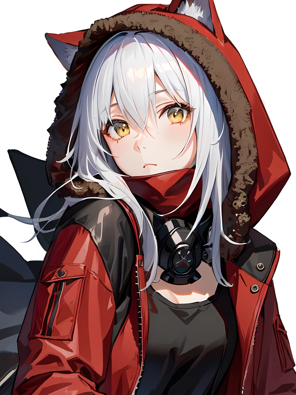 est quality, masterpiece, high resolution, solo, (projekt red arknights:0.8), 1 girl, hood with fur trim, hooded jacket, looking at viewer, red jacket, mask around neck, open jacket, white background