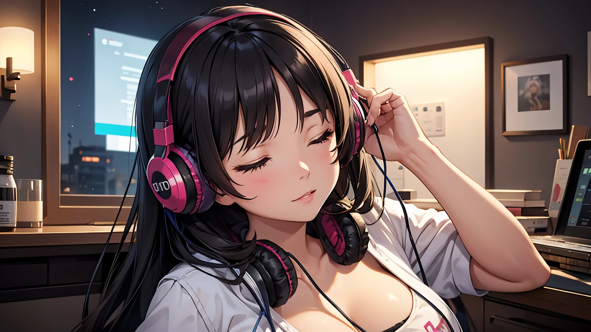 Girl with headphones enjoying music in a home　I am studying　Emphasize a little bit of the big chest　Looking towards me with eyes closed　Night Background