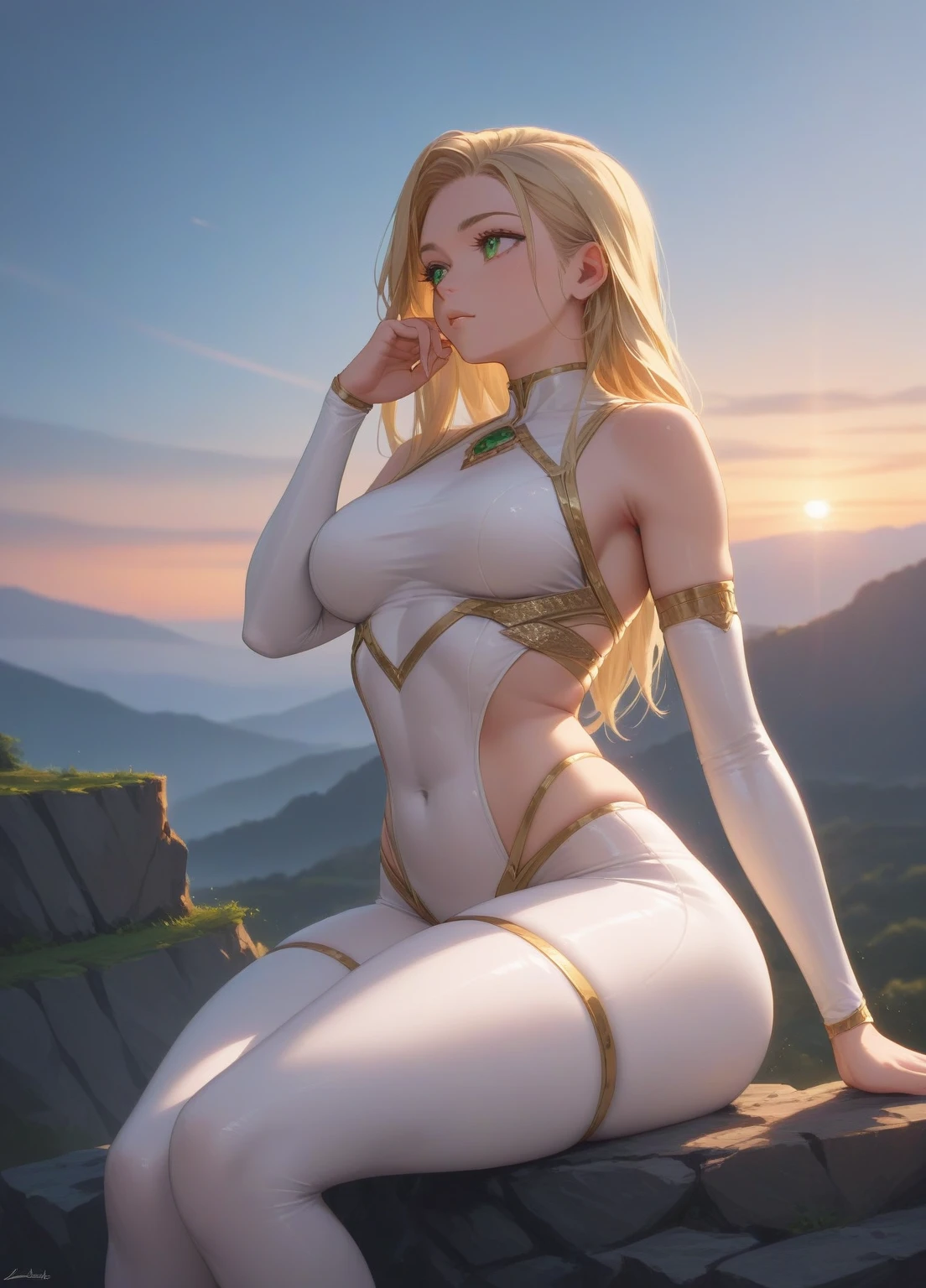 (1girl) (masterpiece) (detailed) adult female green eyes blonde girl, wearing revealing clothes, no logos, white and gold athletic clothes, loving look, tight clothes, thick thighs:1.3, thick butt:1.3, cliff sunset background, sunset:1.3, from front, loving look:1.3, relaxing, looking away:1.3, candid shot, idle, sitting, beautiful dynamic lighting:1.3, thinking:1.3