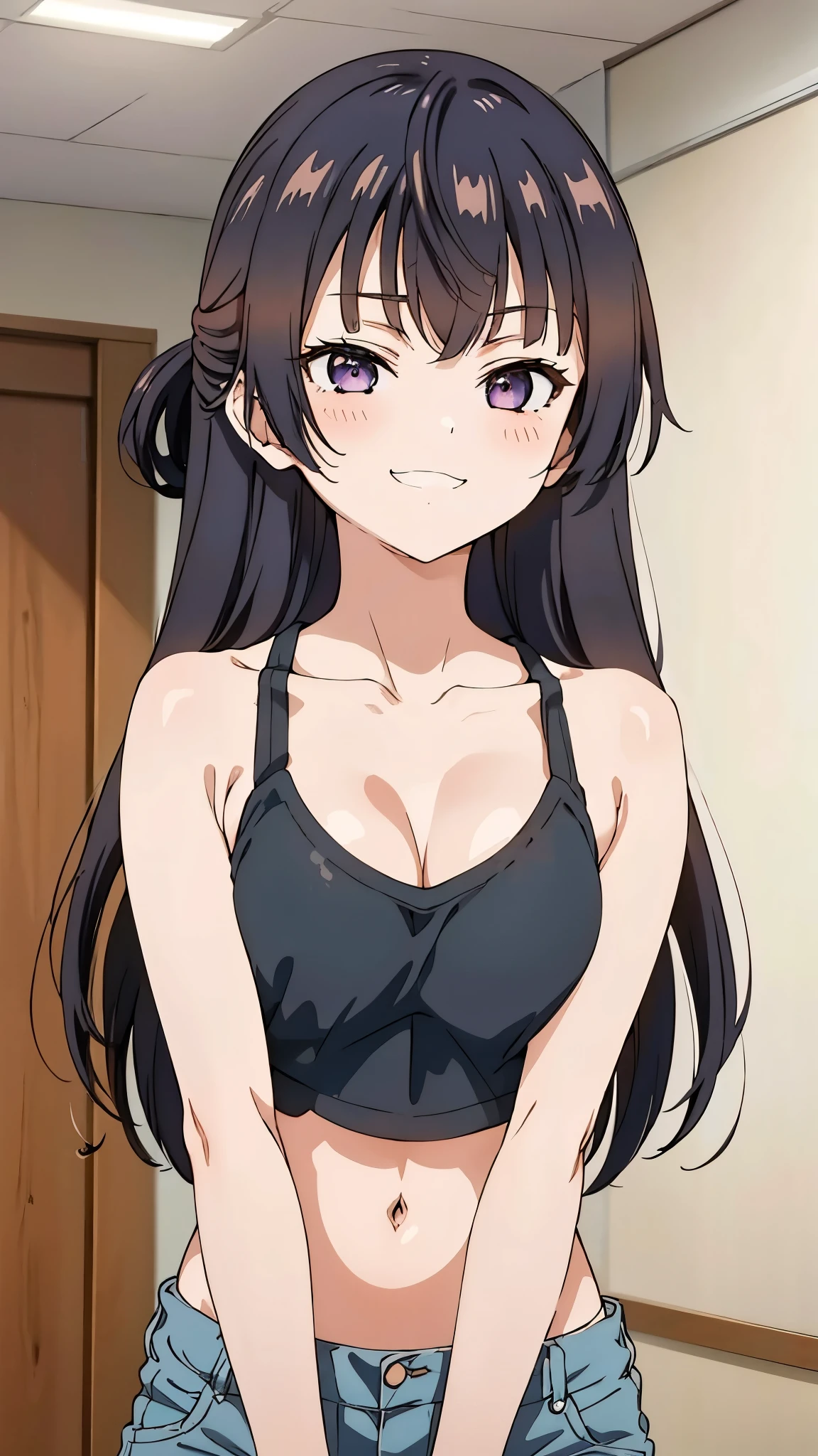 1girl, from below, anime artstyle, masterpiece, highres, solo, 8k, detailed, perfect face, best quality, (ultra high quality), (looking at viewers), collarbone,bare arms, bare shoulders, small breasts, cleavage, black hair color, long hair, violet eyes, belly, stomach, navel, abs, crop tanktop, (black tanktop), mini short, denim short, slim body, upper body, thighs, grinning, blush, indoors, hand up