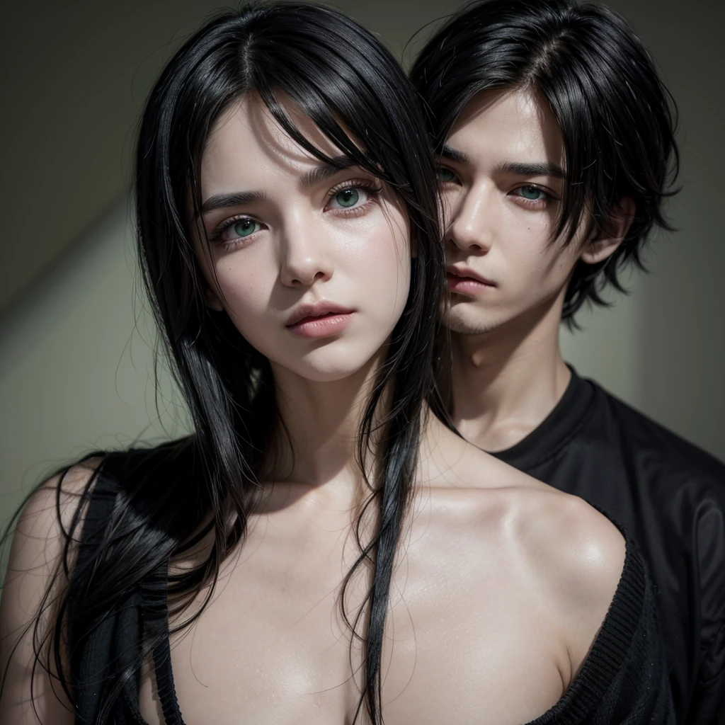 A 14 year old boy with long black hair, piercing eyes one of them is green like an emerald and the other is completely black, Your skin is pale, Your thin body, your mouth is fleshy and reddish, he has an angelic beauty