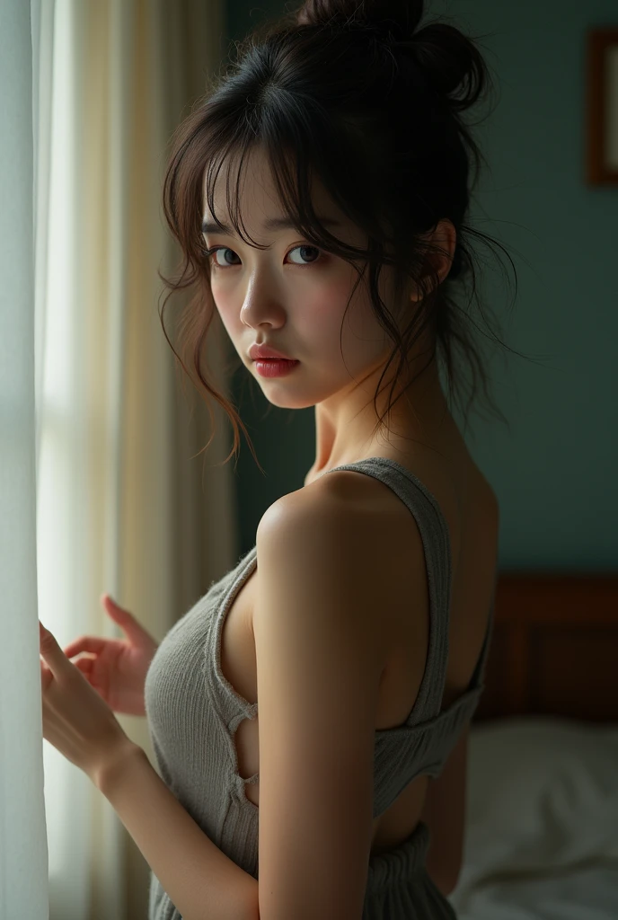 A beautiful Japanese girl character stands by the window、A scene where the character is gazing into the distance with a sad expression。The background is a pale blue light shining through the s.、Droplets of water sparkle around the character.。The thin white dress slid off her shoulders.、Shoulders and chest are exposed。The pose gives an introverted and fragile impression.、It expresses her delicate emotions.。The technique of illustration、The contrast of light and shadow is beautifully depicted.、Water droplets and skin texture are realistically reproduced.。The composition is neat and vertical.、The overall result is a super-realistic, live-action-like finish.。