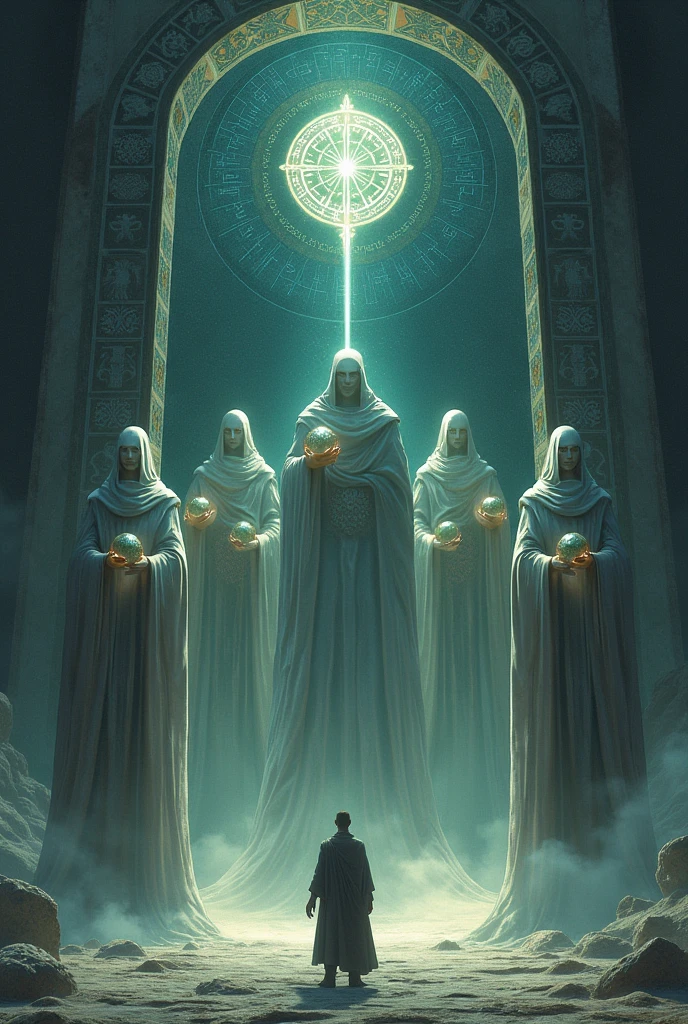 A monk in front of a huge door decorated with ancient symbols - SeaArt AI