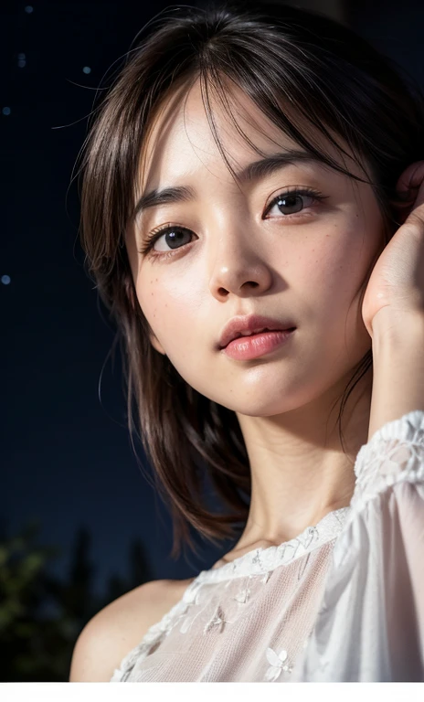 Focus on starry sky of summer. A Japanese woman gazing up at a night sky filled with twinkling stars. She is wearing a seer white off shoulder shirt and her face, slightly blurred by the darkness, shows a subtle smile. The scene is serene and enchanting, with a focus on the starry sky and the gentle glow of the blouse contrasting against the dark background. The image should be realistic with a calm, tranquil atmosphere, and the stars should be clearly visible and bright against the dark night sky. (Raw photo:1.2), (Photorealsitic), Beautiful detailed,  (Real: 1.4), extremely detailed eye and face, beatiful detailed eyes, super wide lens shot from below