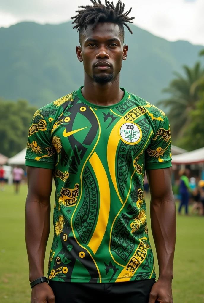 A yellow sports uniform, green and white, but varied , and with a design based on Ecuador but folkloric, Add more white color to the design, that is masculine 