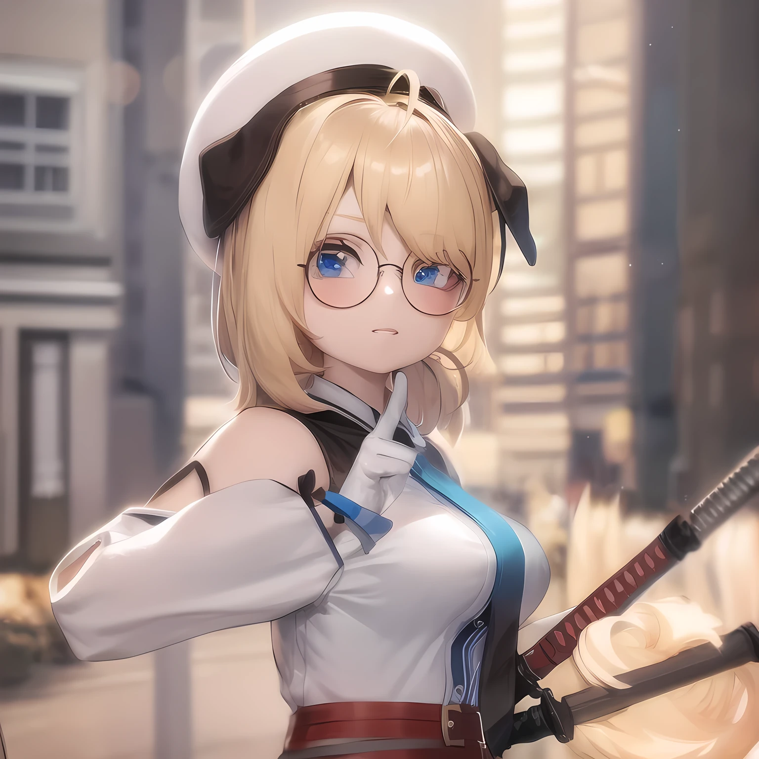 blonde anime girl with round glasses and a hat holding a swords, blue eyes, have a cute brown dog ears, inumimi, anime style. 8k, anime styled 3d, stylized anime, render of a cute 3d anime girl, artwork in the style of guweiz, anime stylized, female protagonist 👀 :8, anime vibes, render of april, anime style 4 k, ( ( 3 d render ) )