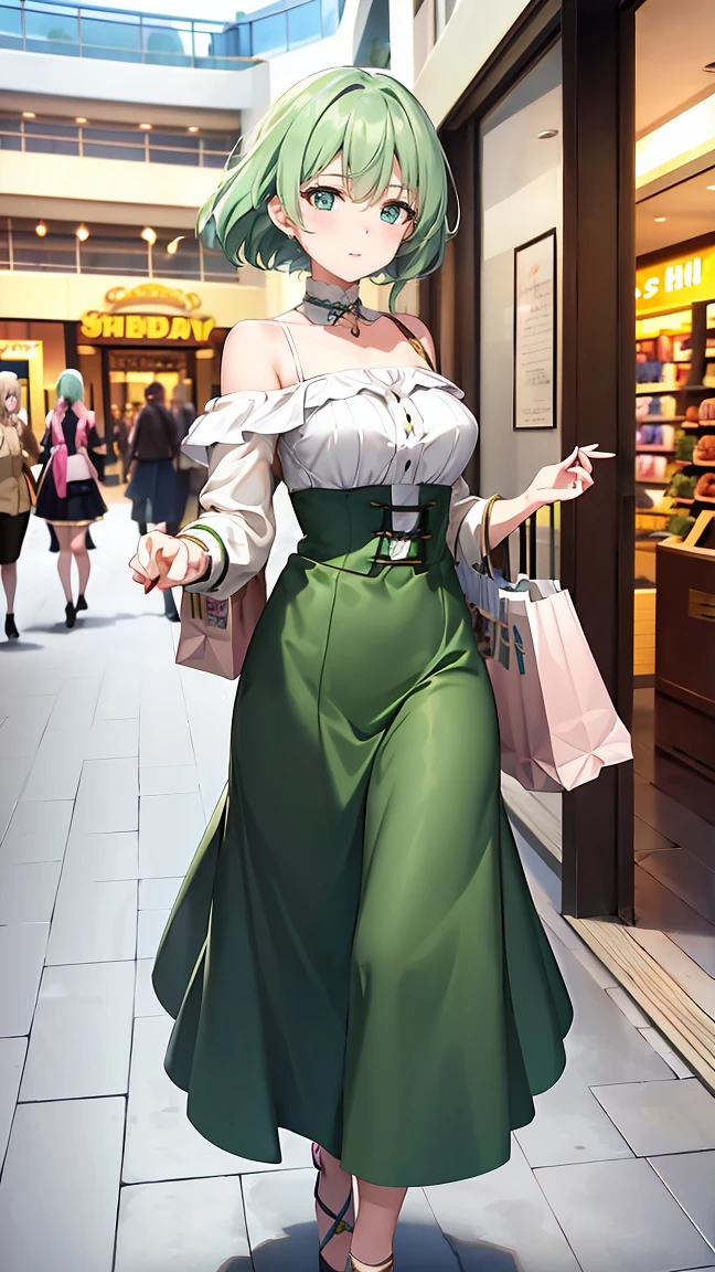 best quality, ultra high res, (((1girl, solo))), ((mature)), green gray hair, choker, adult girl, mature girl, ((milf, mother)), ponytail, shopping, shopping bags, mall, happy