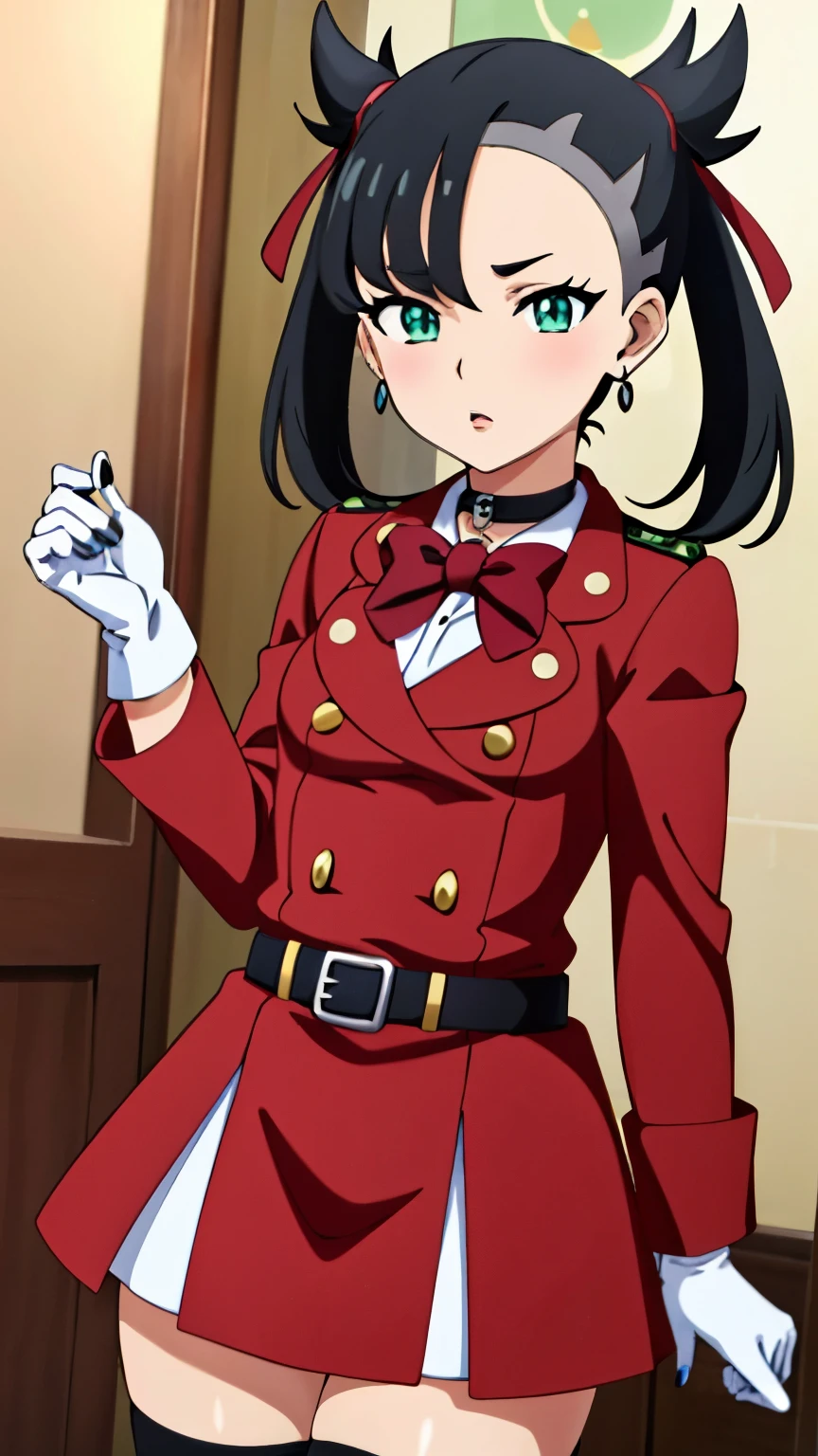 Marnie Pokemon, Marnie \(Pokemon\), blue-green eyes, green eyes, black hair, medium hair, asymmetrical bangs, black choker, red hair ribbon, earrings, black nail polish, medium breasted, (masterpiece, highest quality, highly detailed, 8k:1.2),Perfect eyes, detailed eyes, 
Ecchi anime style, anime girl, Ecchi style, digital anime art, anime style, official artwork, visual novel CG, beautiful anime girl, anime style 4K, (military uniform, red bow tie, long sleeves, armbands, white gloves, belt, black knee socks), (cowboy shot:1.2),