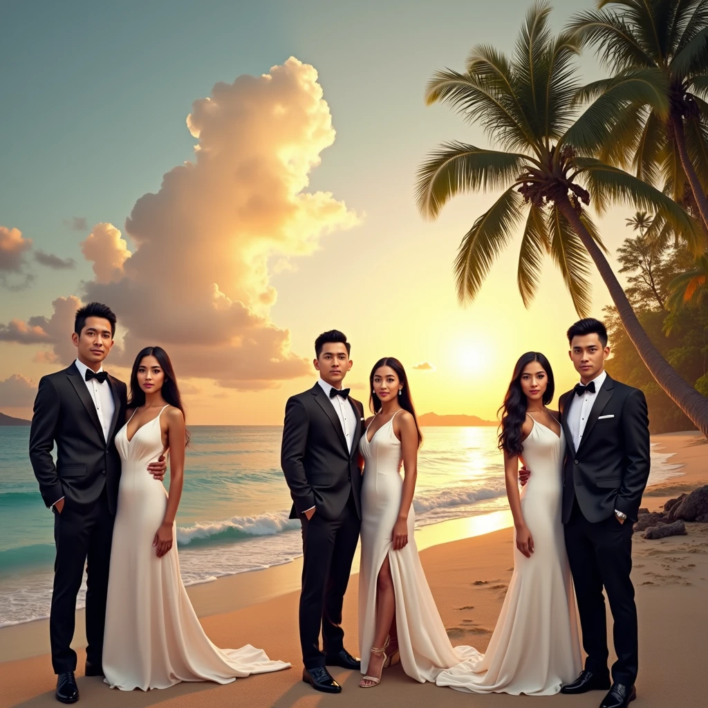 I want a cover for my book where it appears, a beach with a very luxurious hotel, Three men of different ages who are Asian and handsome and a young Latin American woman with brown hair and gray eyes and who is dressed in a red dress who is not Asian