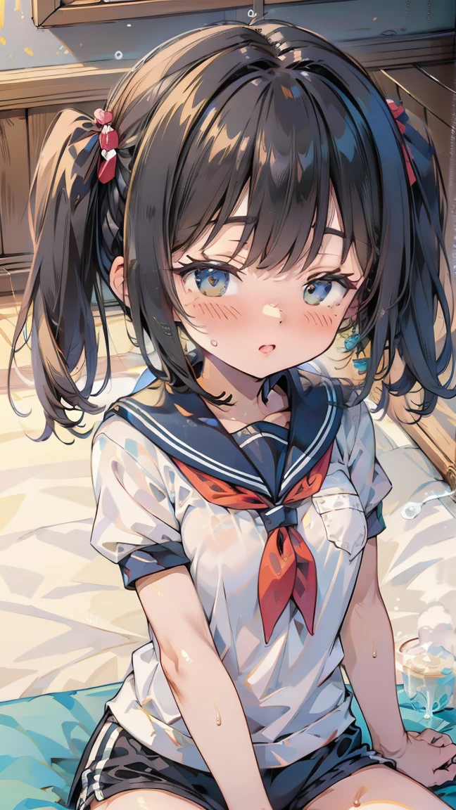 Portraiture, Official Art, finest masterpiece, Best Quality, Highest Resolution, 8k, Most detailed, Perfect Anatomy BREAK shirayukiKC, One girl, Alone, skirt,shirt, Twin tails, School,Sailor suit, Sailor collar,neckerchief, low Twin tails, short Twin tails,, (Small breasts, child_Like a build, low length:1.2) BREAK nsfw, Masturbation, Straddle, Cowgirl Position, Almuada, pillow, on pillow, Rubbing the groin BREAK (Female orgasm:1.3), (Lewd face, Red cheeks, Close your eyes:1.2), Open your mouth BREAK 豪華なマンション, bed, (night, midnight, darkness:1.3), Particles of light, Dust, Very detailed 16K CG wallpaper of a girl，(Close-up of faces)Open your mouth，Excited，Wet (((Sticky milkshake liquid))),Wet(((A large amount of mixed milky liquid is poured on the gym clothes))),Eyes open, The whole body is covered in oilで光沢感がある　Used rolled tissue paper,　 Used crumpled tissue paper, Pieces of used tissue paper on the ground,　Excessive sweating in the face,Dripping sweat,Sleeping on a mat,pillowに頭を乗せている,Dirty duvet　Very old thick mat ,In the gym storeroom,　There are a lot of used tissues on the floor ,　Crumpled used garbage is scattered all over the place..,　A room cluttered with used tissues,A mat cluttered with used tissues　、Embarrassing　Dimly lit room　Hardwood Floors　Used rolled up tissues scattered around、The upper body is school&#39;Designated white gym uniform., Blue Sleeve、The lower half of the body is blue bloomers、Close-fitting shorts、high school student、Illustration Style　Anime Style　Mouth wide open、Mouth is wide、　beautiful girl　Cheeks pink　Super Curly Hair　Super long sideburns　Hairbands　Big Eyes　Droopy eyes　Shocking Pink Rouge　Sweating profusely　Steam coming out of the whole body　Steam rises across the screen.　White Breath　Haa　The whole body is covered in oil　evening　Overall orange background　Sunset sunshine、 (pillowに頭を乗せる), (Cover your chest with a blanket), Head to chest composition, Upper body drawing, high school student,With both hands up and messy, /(Long Black Hair/), (Neat, shiny, long hair), Eyes open, (16:00 AM), (evening) Sunset,
