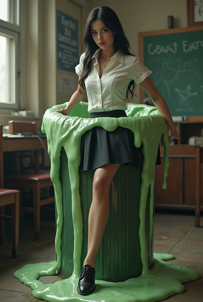 Natural skin tone, Asian woman sitting on a chair with green slime, covered in slime!!, green slime, green slime everywhere, green slime dripping, beautiful green liquid, full of greenish liquid, wet skin, character is covered in liquid, wet and slimy, slime, ((Green slime falling down)) high quality, best quality, masterpiece, 1girl, smile, long hair, stage, Tv game show, attractive brunette, slimed woman, ((green slime falling on her hair and face)), woman sitting on a chair, laughing crowd, shallow depth of field, large audience, Slimed, woman, shocked, photorealistic, full length, bright studio, crowd behind.