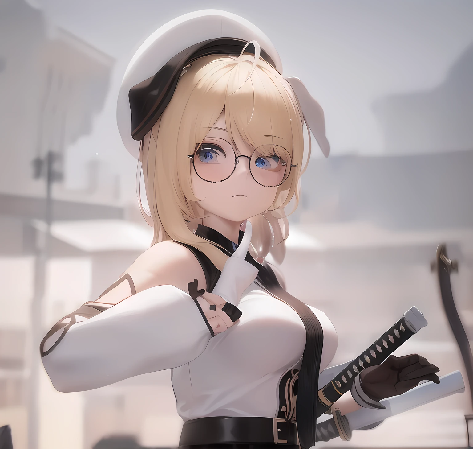 blonde anime girl with round glasses and a hat holding a swords, blue eyes, have a cute brown dog ears, inumimi, white and black theme outfit, anime style. 8k, anime styled 3d, stylized anime, render of a cute 3d anime girl, artwork in the style of guweiz, anime stylized, female protagonist 👀 :8, anime vibes, render of april, anime style 4 k, ( ( 3 d render ) )